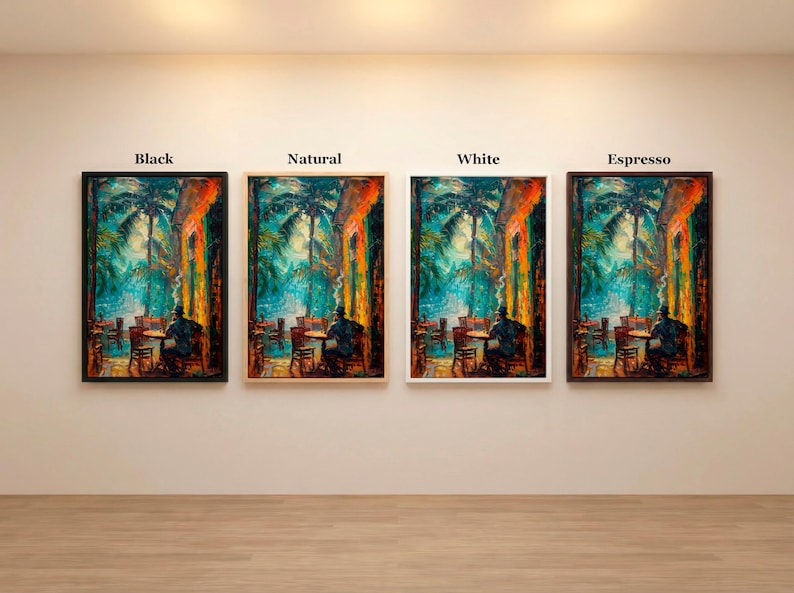 Puede incluir: Cuatro impresiones art&iacute;sticas enmarcadas con diferentes colores de marco: negro, natural, blanco y espresso. Cada impresi&oacute;n representa una escena impresionista colorida de una persona sentada en una mesa en un caf&eacute;, con palmeras al fondo.