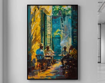 Impresión artística de un salón de puros cubanos - Lienzo de un café de La Habana de los años 50 - Paisaje urbano impresionista vibrante - Decoración de pared retro