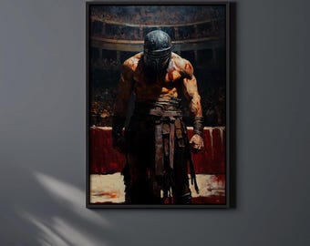 Puede incluir: Pintura enmarcada que representa a un gladiador musculoso con casco, de pie en una arena. La obra de arte presenta una paleta de colores oscuros con acentos rojos y blancos, y una multitud en el fondo.
