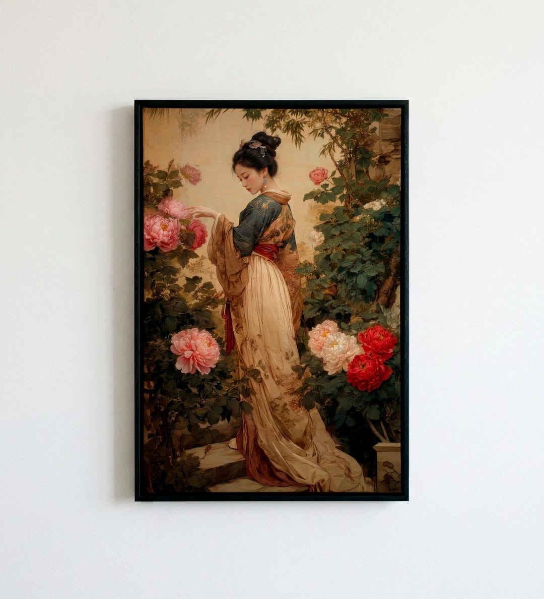 Vintage Asian Woman Portrait Art Print | Chinoiserie Peony Garden ...