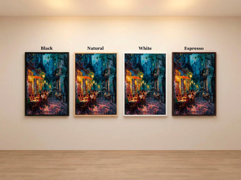 May include: Four framed art prints of a European street scene, each with a different frame color: black, natural, white, and espresso. The artwork depicts a nighttime scene with warm lighting and figures at tables.