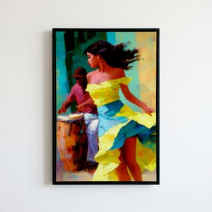 May include: Oil painting depicting a woman dancing in a yellow and blue dress, with a man playing a drum. The artwork is framed in a black rectangular frame. The woman has dark hair and is in motion.