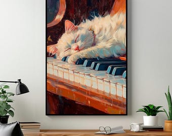ピアノの上で眠る猫のキャンバスプリント、モダンな壁掛けアート