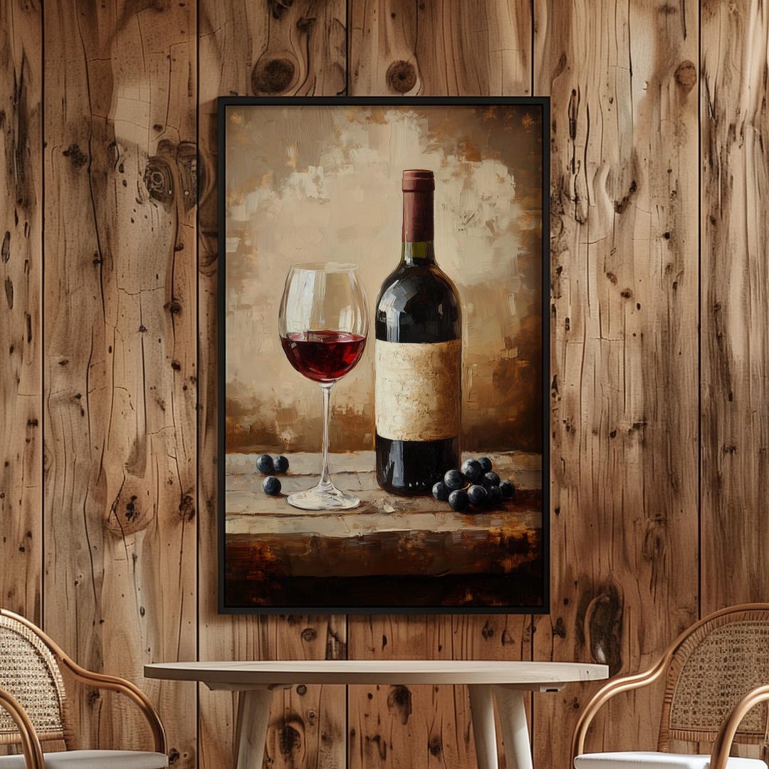 Rustic Red Wine Bottle & Glass Oil Painting Print | Vintage Kitchen ...