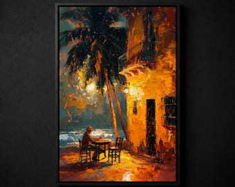Impresión de pintura nocturna junto al mar en Cuba / Arte de cafetería con palmeras en La Habana / Lienzo callejero naranja vibrante / Decoración de viaje tropical