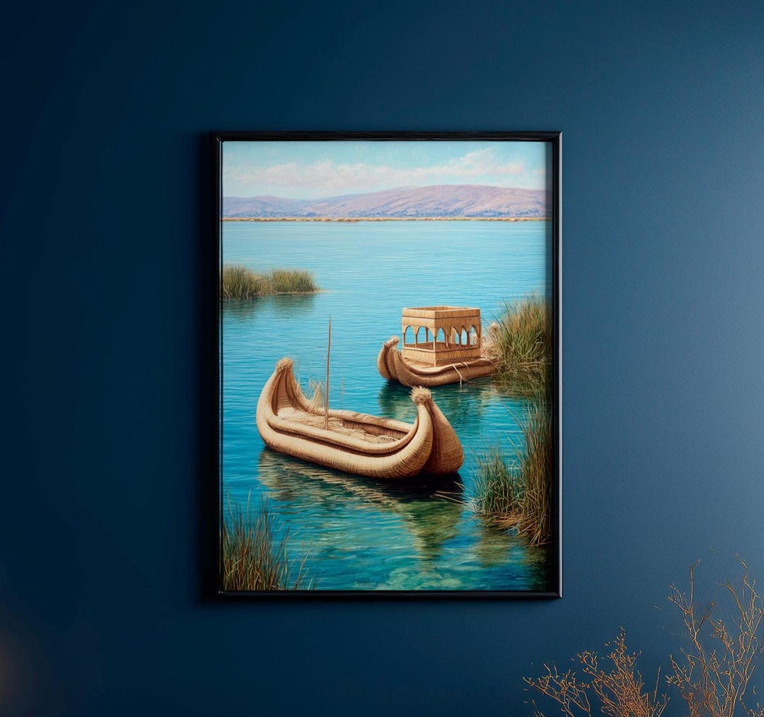Andean Reed Boat Painting | Lake Titicaca Travel Art | Traditional ...
