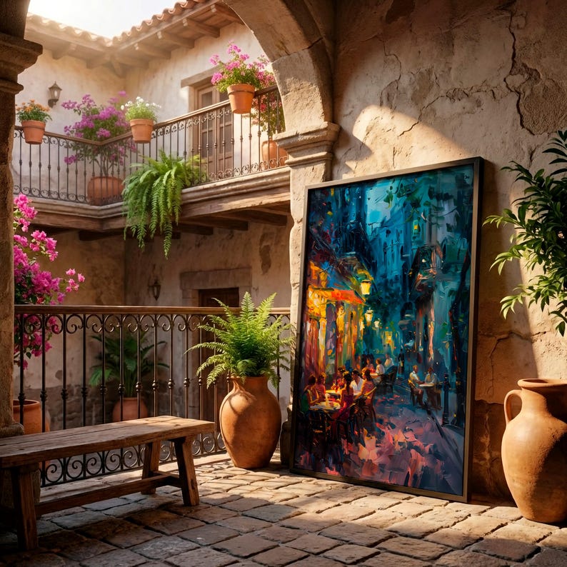 Impasto Night Cafe Print - Italian Alley Dining Art. Vibrant Warm and Cool Cityscape Canvas. image 9