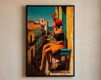 Impresión vibrante de balcón cubano: Arte de mujer con turbante rojo. Lienzo con textura de impasto de calle de La Habana.