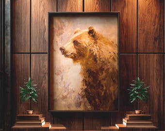 Olieverfschilderij grizzlybeer | Impressionistische natuurkunst aan de muur | Canvas Portret bruine beer | Rustiek bos dierendecoratie | Aardse hutkunst