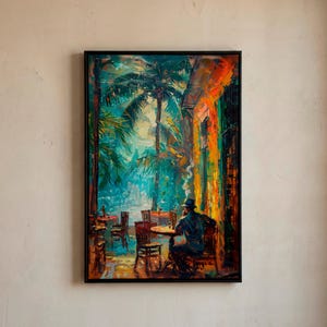 Puede incluir: Pintura al &oacute;leo enmarcada que representa a un hombre sentado en una mesa en un caf&eacute; al aire libre. La escena est&aacute; representada en vibrantes azules, verdes y naranjas, con palmeras y un edificio al fondo. El hombre est&aacute; fumando.