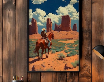 Monument Valley Cowboy Art | Western Horse Landscape Print | Southwestern Mesa Wall Decor | Retro Desert Canvas