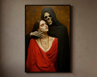 Gothic Death and the Maiden Art | Grim Reaper Canvas Print | Romantic Dark Academia Decor | Red and Gold Painting