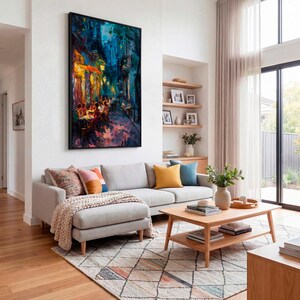 Impasto Night Cafe Print - Italian Alley Dining Art. Vibrant Warm and Cool Cityscape Canvas. image 7