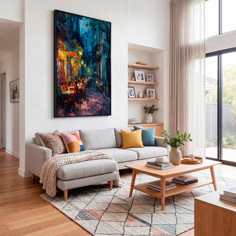 Impasto Night Cafe Print - Italian Alley Dining Art. Vibrant Warm and Cool Cityscape Canvas. image 7