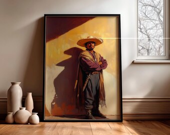 Könnte beinhalten: Ein gerahmtes Porträt eines Mannes in traditioneller Kleidung, einschließlich eines breitkrempigen Hutes und eines Ponchos. Das Kunstwerk verwendet eine warme Farbpalette mit einem ausgeprägten Schatten, der einen dramatischen Effekt erzeugt. Der Mann steht mit verschränkten Armen da.