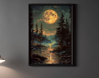 Art de la rivière pleine lune dorée | Peinture de nuit de forêt mystique | Toile de paysage forestier sombre | Décoration nature lunatique