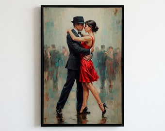 Tango Dancers Oil Painting Print | Romantic Couple Wall Art | Red Dress Street Dance Canvas