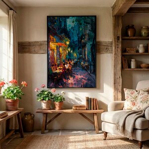 Impasto Night Cafe Print - Italian Alley Dining Art. Vibrant Warm and Cool Cityscape Canvas. image 4