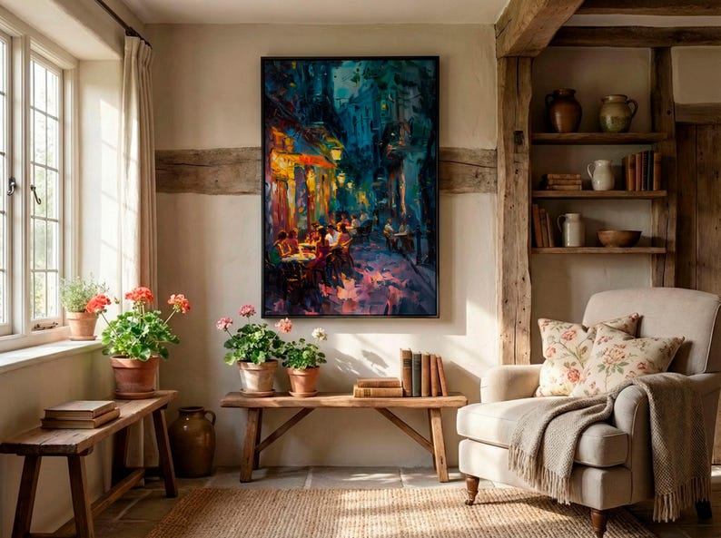 Impasto Night Cafe Print - Italian Alley Dining Art. Vibrant Warm and Cool Cityscape Canvas. image 4