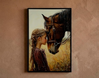 少女と馬の絵画オリジナル、カウボーイの馬のアートワーク、南西部の