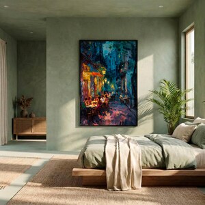 Impasto Night Cafe Print - Italian Alley Dining Art. Vibrant Warm and Cool Cityscape Canvas. image 5