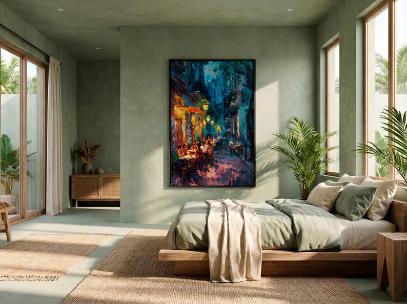 Impasto Night Cafe Print - Italian Alley Dining Art. Vibrant Warm and Cool Cityscape Canvas. image 5