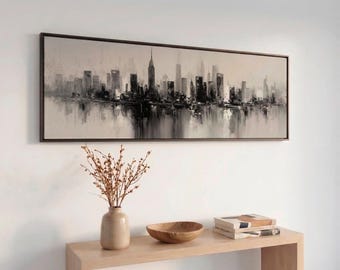 Large New York Skyline Print | Black and White Cityscape | Panorama NYC Wall Art Print | Oversized Abstract City Print