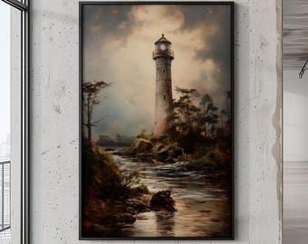 Dramatic Lighthouse Painting | Moody Coastal Landscape Art Print | Vintage Seascape Canvas | Stormy Ocean Decor