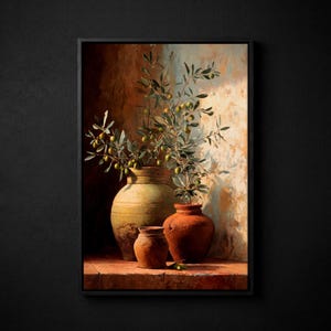May include: A framed still life painting featuring three ceramic vases of varying sizes. The vases are filled with olive branches bearing green olives. The color palette includes shades of brown, green, and beige, creating a warm, rustic aesthetic.