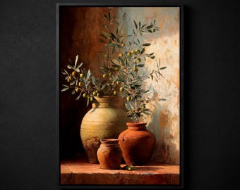 May include: A framed still life painting featuring three ceramic vases of varying sizes. The vases are filled with olive branches bearing green olives. The color palette includes shades of brown, green, and beige, creating a warm, rustic aesthetic.