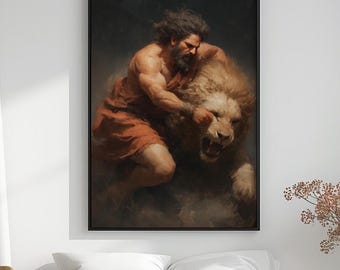 Hercules and Lion Oil Painting Print | Dynamic Classical Mythology Art | Renaissance Style Hero Canvas