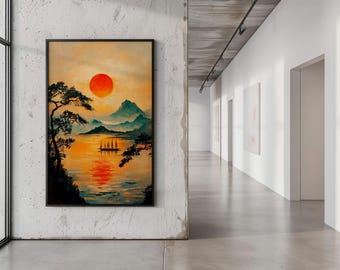 May include: A framed landscape painting depicts a sunset over a tranquil lake. The artwork features a large orange sun, teal mountains, and a boat with sails. The painting is displayed on a concrete wall in a well-lit hallway.
