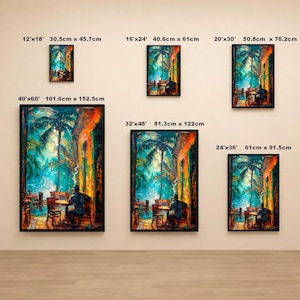 Pintura al óleo de un café habanero vintage / Impresión de arte mural de una calle tropical cubana / Decoración vibrante en verde azulado y naranja / Lienzo retro caribeño imagen 10