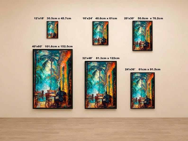 Pintura al óleo de un café habanero vintage / Impresión de arte mural de una calle tropical cubana / Decoración vibrante en verde azulado y naranja / Lienzo retro caribeño imagen 10