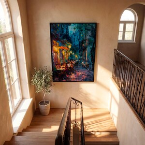 Impasto Night Cafe Print - Italian Alley Dining Art. Vibrant Warm and Cool Cityscape Canvas. image 8