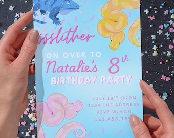 May include: A light blue birthday party invitation with the text "Ossslither" and "Natalie's 8th Birthday Party". The invitation features illustrations of a blue lizard and yellow and pink snakes. The date and time are also included.