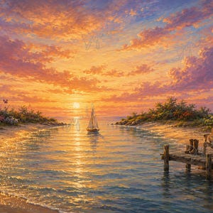 Op de afbeelding: Een landschapsschilderij van een zonsondergang boven een kalm wateroppervlak met een kleine zeilboot in het midden. Een houten steiger aan de rechterkant bevat een stoel, een paar laarzen en een gitaar. De lucht is gevuld met oranje, roze en gele wolken.