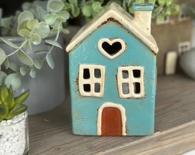 Featured listing image: Teal Ceramic House /Cottage Candle Holder