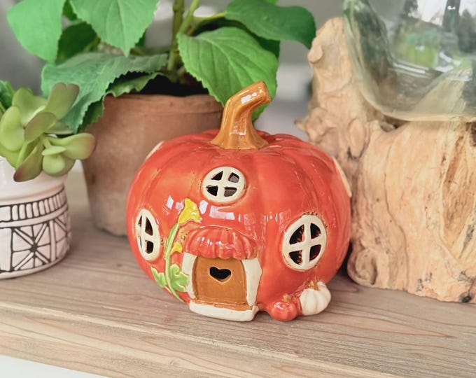 Featured listing image: Orange Pumpkin Ceramic Tea Light house