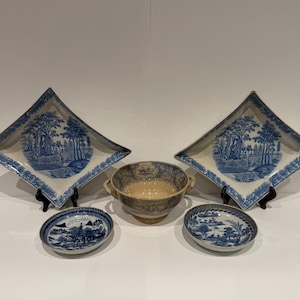 A Pair of Very Early Davenport Anchor Mark Transfer Printed Blue and White Plates, A pair of 18th Century Pagoda Plates,