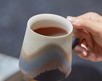 May include: A ceramic mug with a unique, layered design. The mug features a white rim, transitioning to shades of beige, brown, and blue. The mug is filled with a dark liquid, likely tea or coffee. The mug is held by a person.