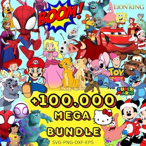 Pacote Mega de Desenhos Animados 100k svg png dxf eps | Disney Pixar Mario Stitch Rei Leão Toy Story Clipart Sublimação Download
