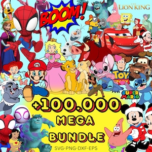100k Cartoon Mega Bundle svg png dxf eps | Disney Pixar Mario Stitch Lion King Toy Story Clipart Sublimation Download