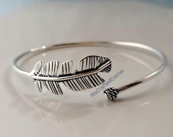 Sterling Silver Leaf Bracelet, Adjustable Open Cuff Bangle
