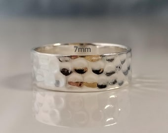 Sterling Silver Hammered Band Ring, 7mm Wide Wedding Band