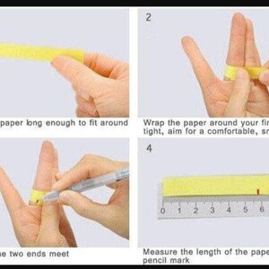 Puede incluir: Una gu&iacute;a paso a paso para medir un dedo para un anillo. Las instrucciones incluyen cortar una tira de papel, envolverla alrededor del dedo, marcar la superposici&oacute;n y medir la longitud en cm con una regla. El texto de la imagen proporciona orientaci&oacute;n.