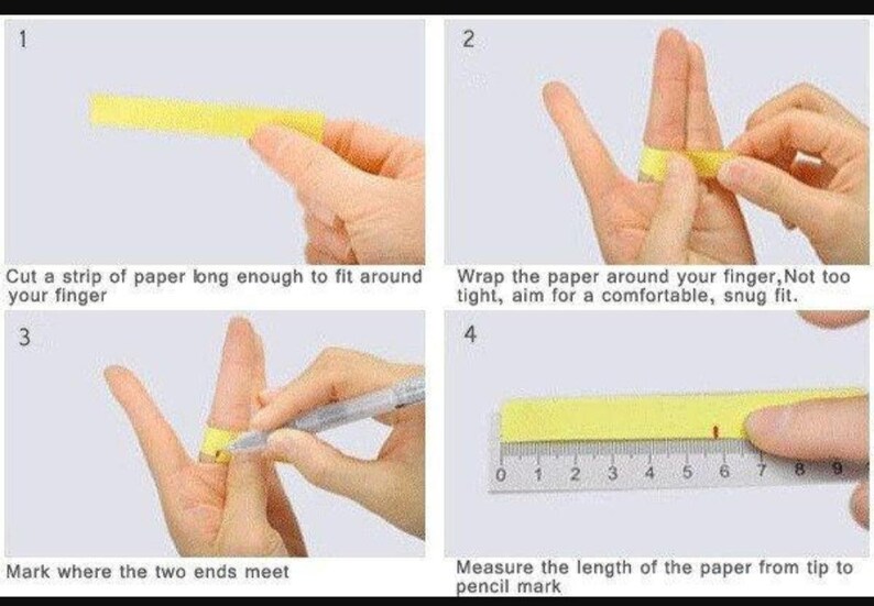 Puede incluir: Una gu&iacute;a paso a paso para medir un dedo para un anillo. Las instrucciones incluyen cortar una tira de papel, envolverla alrededor del dedo, marcar la superposici&oacute;n y medir la longitud en cm con una regla. El texto de la imagen proporciona orientaci&oacute;n.