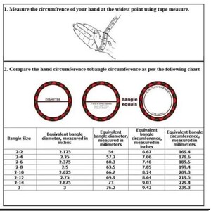 May include: Image with instructions for measuring hand circumference for bangle sizing. Includes a hand being measured with a tape measure, diagrams of bangles, and a chart with bangle sizes, diameters in inches and millimeters, and circumferences in inches and millimeters.