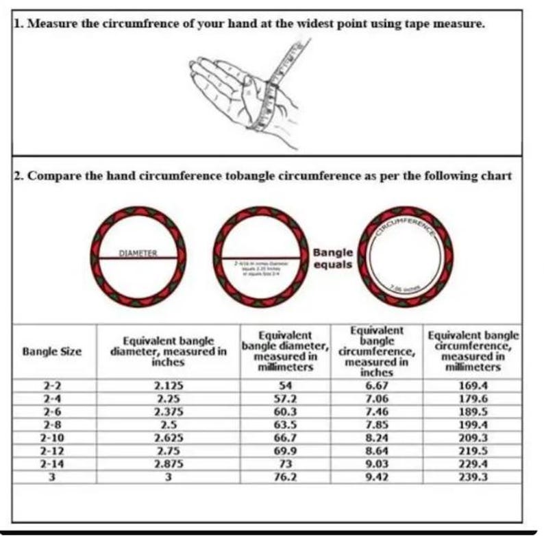 May include: Image with instructions for measuring hand circumference for bangle sizing. Includes a hand being measured with a tape measure, diagrams of bangles, and a chart with bangle sizes, diameters in inches and millimeters, and circumferences in inches and millimeters.