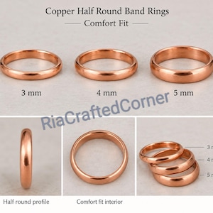 Peut inclure: Bagues demi-jonc en cuivre avec ajustement confort. L'image montre trois bagues de 3 mm, 4 mm et 5 mm de largeur. Elle présente un profil latéral, une vue intérieure et un empilement des bagues. Le texte indique Copper Half Round Band Rings.